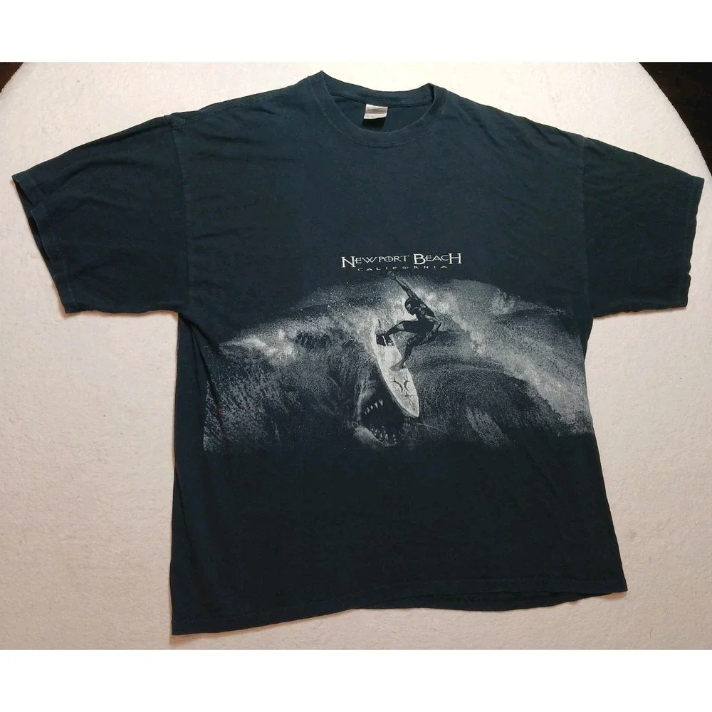 VINTAGE Black Newport Beach Shirt Adult XXL Surfer Shark California 90s